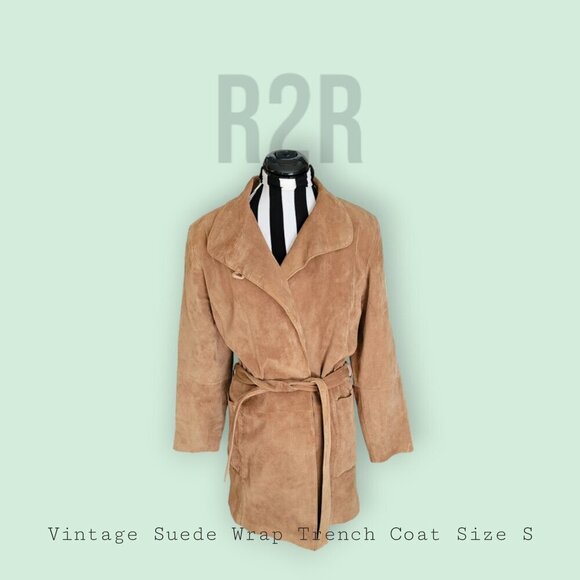 VINTAGE R2R SUEDE CAMEL TRENCH COAT WITH ADJUSTABLE WAIST BELT - SIZE S - Picture 1 of 8